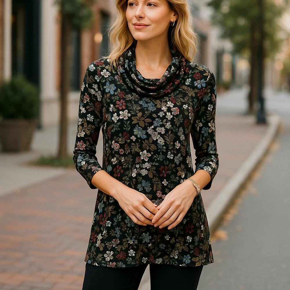 J Jill Wearever Tunic MP Black‎ Botanical Floral Cowl Neck Rayon Stretch Petite
